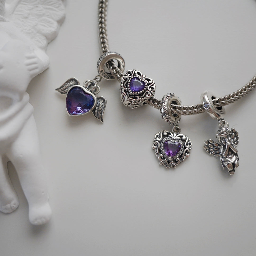 Gradient purple heart glass angel beading丨925 silver