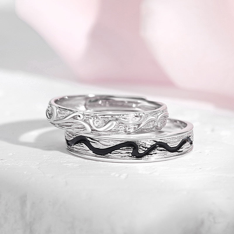 Black and White Wave Couple Ring 925 Silver